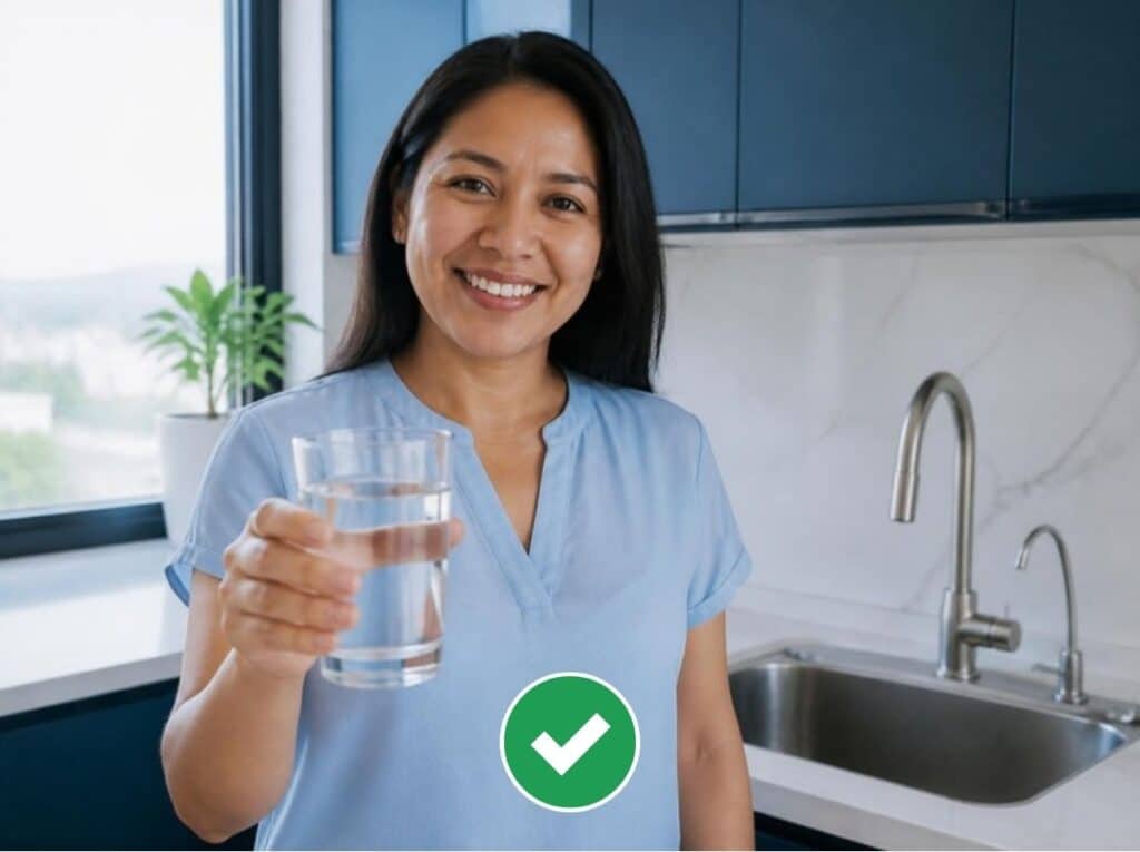 Mamá sonriente con un vaso de agua purificada del purificador Boreal en su cocina